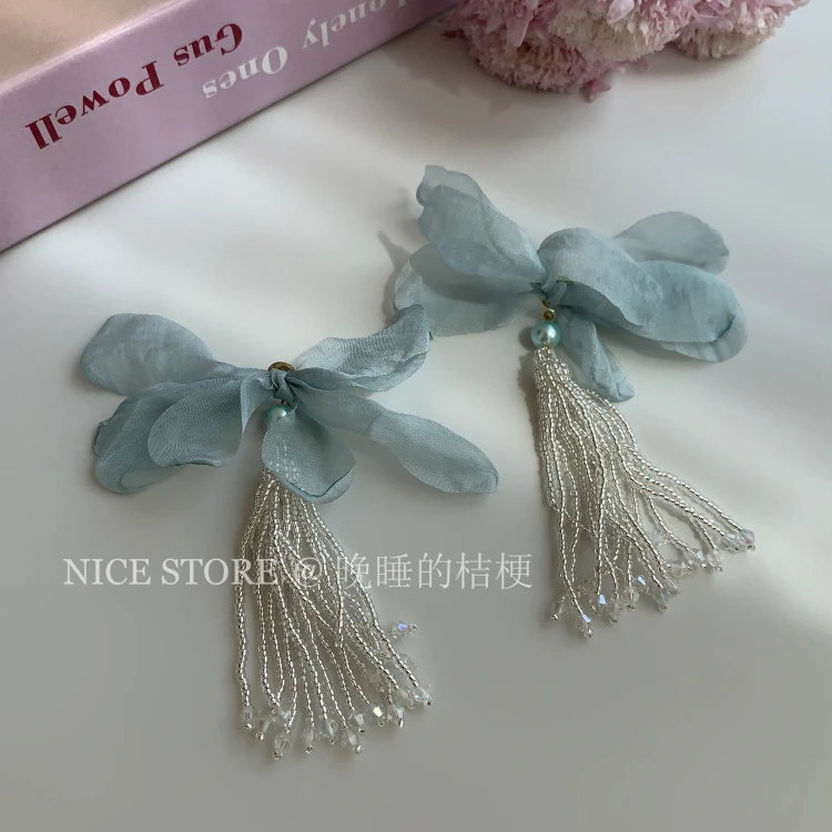 合金耳饰 晚睡的桔梗「青梨荫」仙气梦幻网纱花瓣流苏耳环清新超