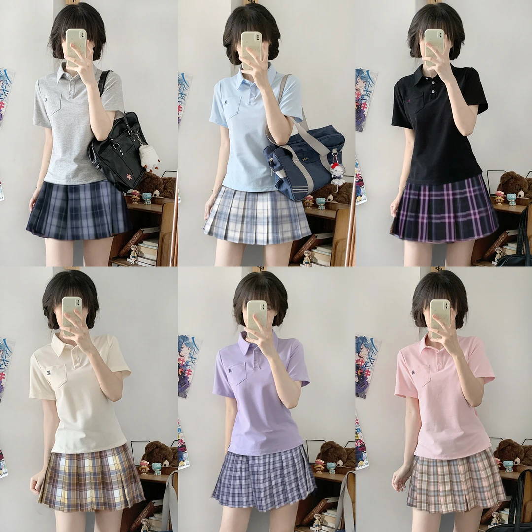 【POLO衫套装】学院风jk短袖运动T恤女学生百褶裙收腰白色衬衫上衣
