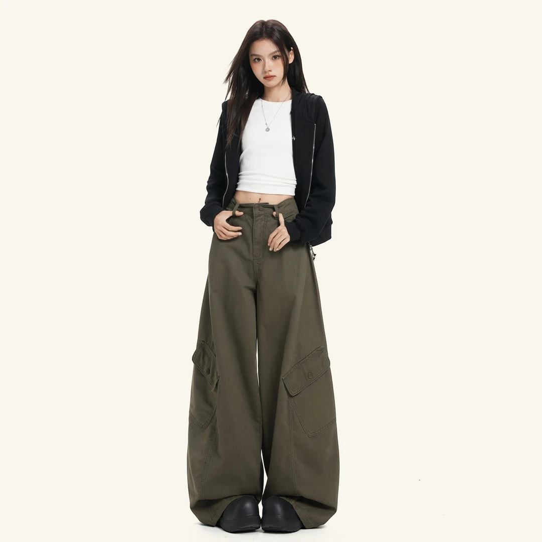 MNGRL 美式绿色工装阔腿牛仔裤女大口袋廓形弯刀裤辣妹休闲拖地裤