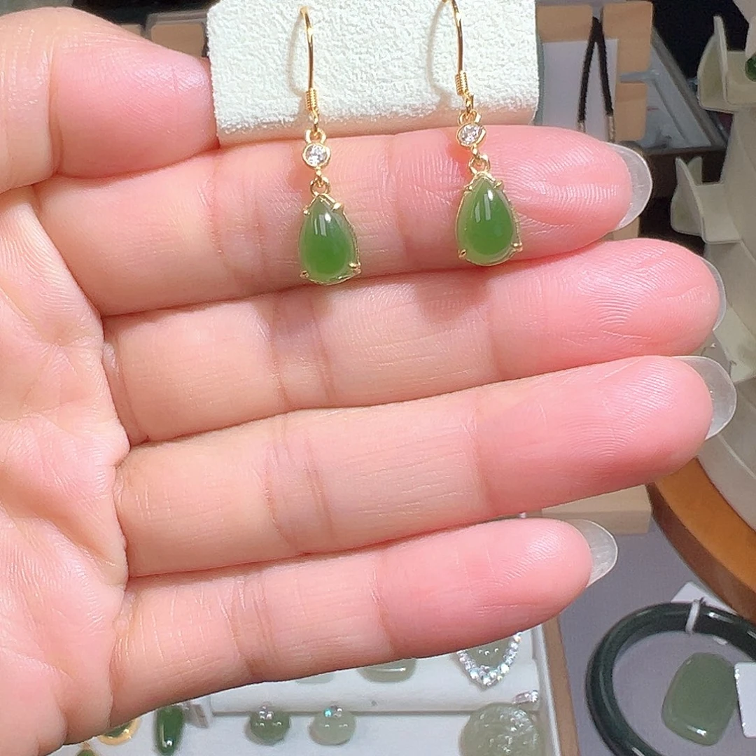 银S925镀金镶嵌和田玉（碧玉）耳饰