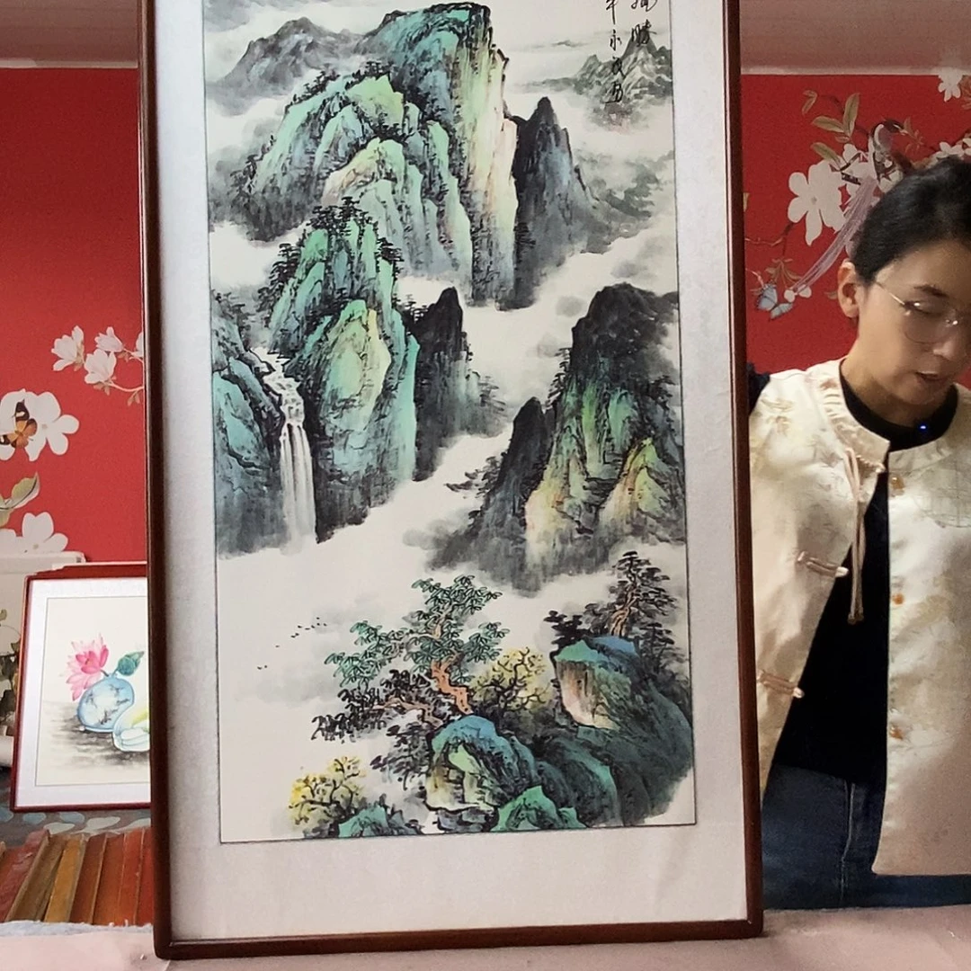 国画手写手绘国画作品带框包邮62✖️122