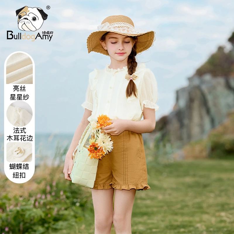 女童短袖衬衫2025夏装新款洋气儿童法式木耳边白色衬衣中大童上衣