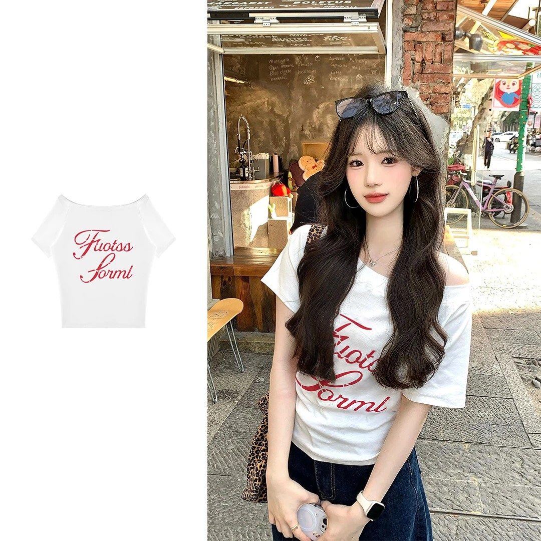 夏季美式甜辣妹短袖t恤女设计感小众百搭显瘦斜肩露半边肩上衣潮