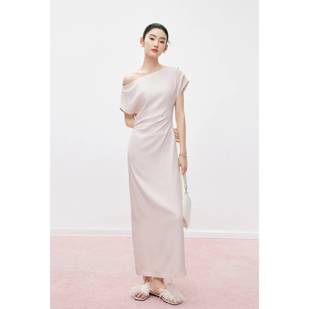 Mandyzhang法式一字肩短袖粉色连衣裙女夏季设计感收腰轻礼服裙子