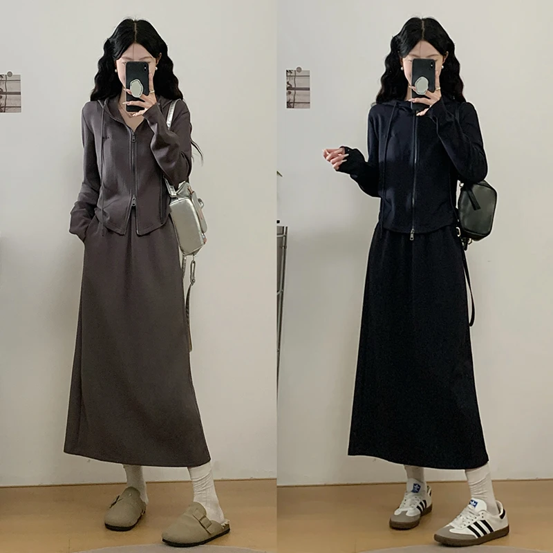 2025秋装新款胖mm大码女装休闲双拉链连帽上衣半身裙套装36016