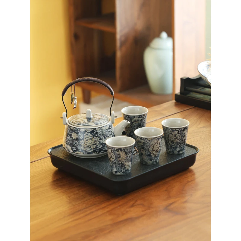 青花掐丝牡丹提梁壶家用功夫茶具泡茶壶-1797