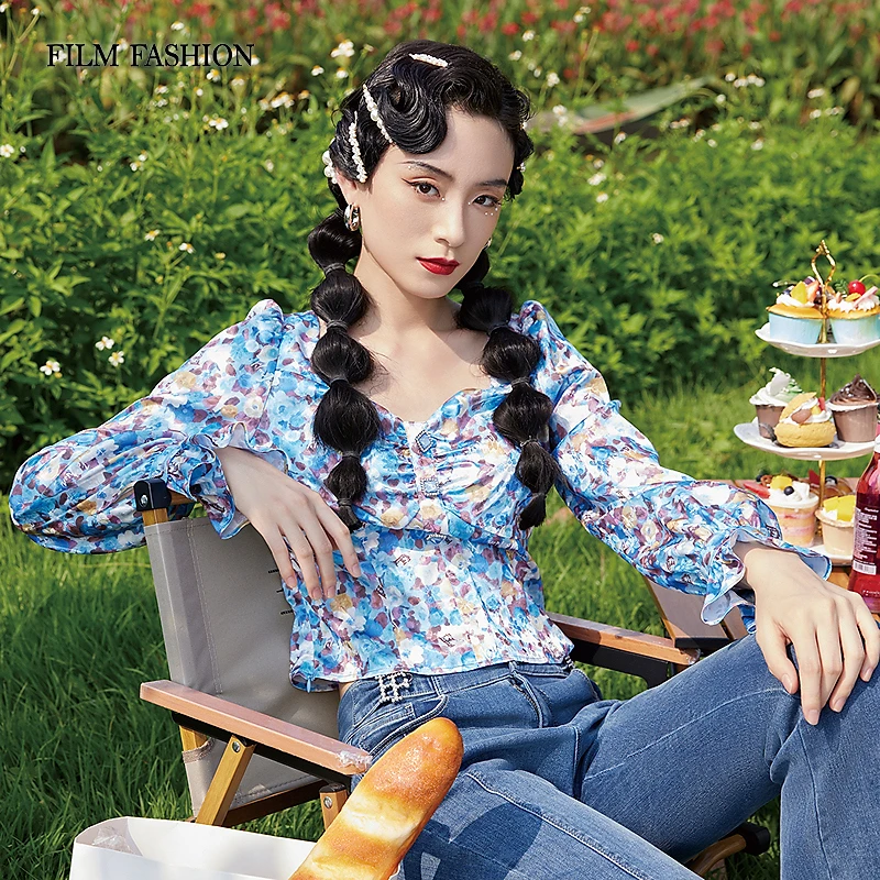 【千颂妮专享】一电影一时装荷叶袖套头长袖衬衫上衣FEJS116503