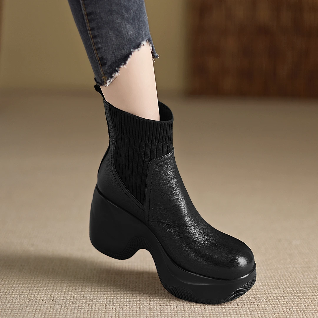 小个子手工女鞋9cm~阔腿裤必备鞋圆头坡跟不累脚袜靴显瘦轻奢靴子