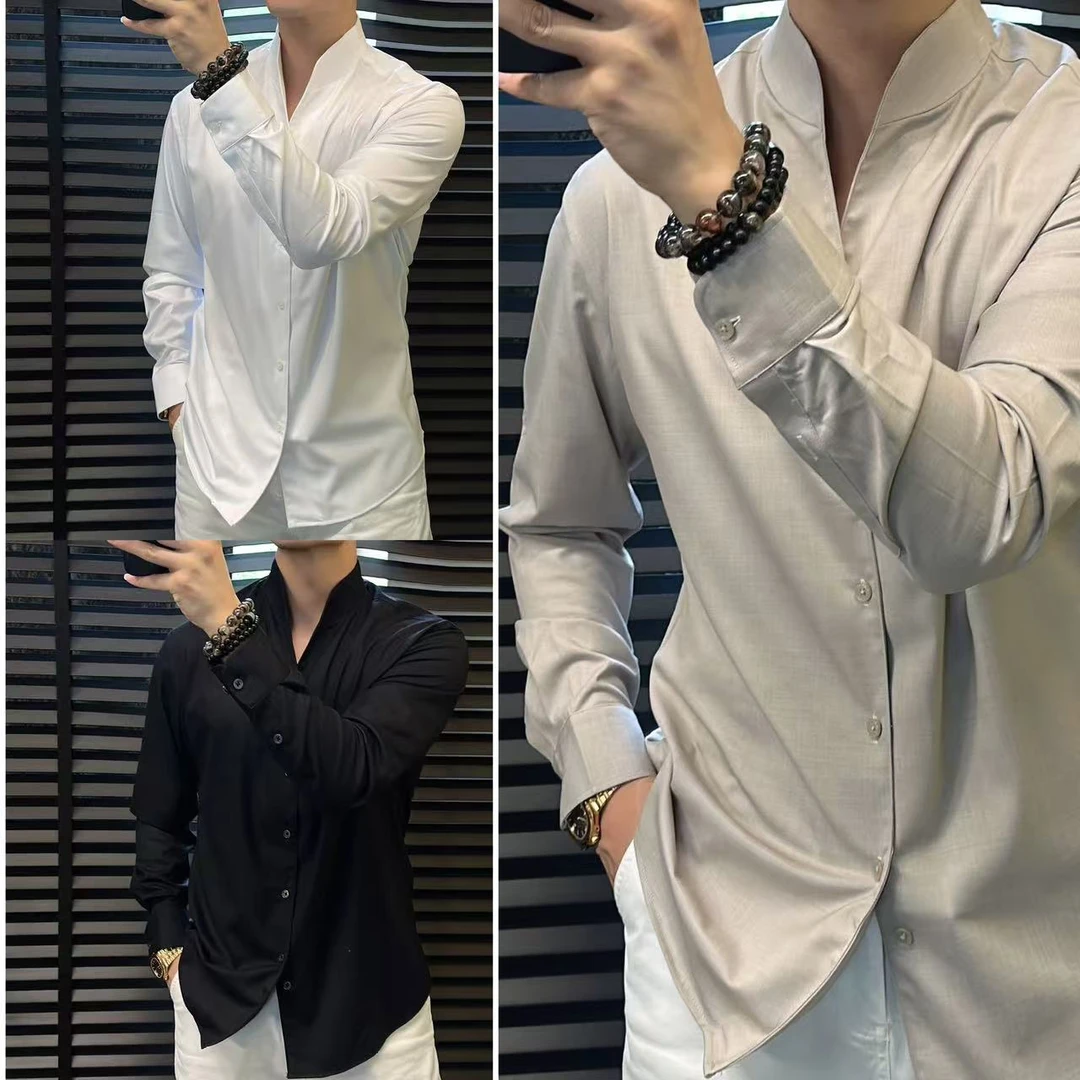 東•Dongzi 秋季新款男士V领时尚莫代尔简约风修身型衬衫6633