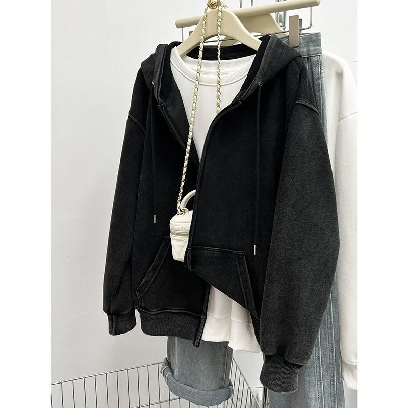 大码200斤韩系减龄正肩拉链纯色连帽卫衣女秋季显瘦长袖上衣ins潮