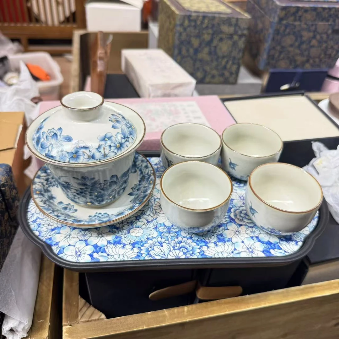 黄汝窑满花三才盖碗加茶盘套组  2507