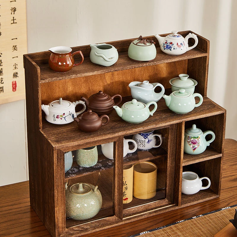 实木桌面防尘博古架茶杯架茶具置物架展示收纳柜化妆品餐边柜茶柜