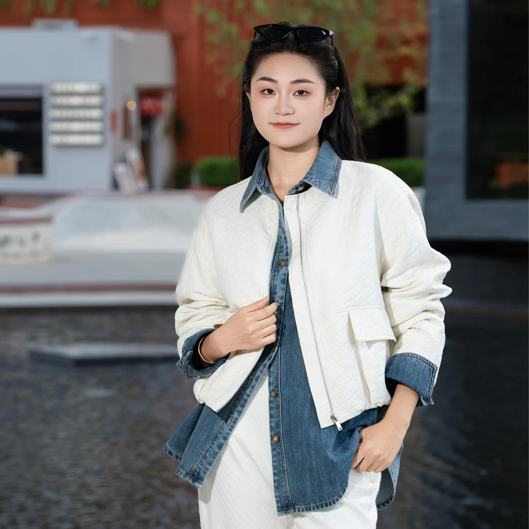LINGZI/领姿 新款女圆领百搭翻领暗纹设计感短外套4101183