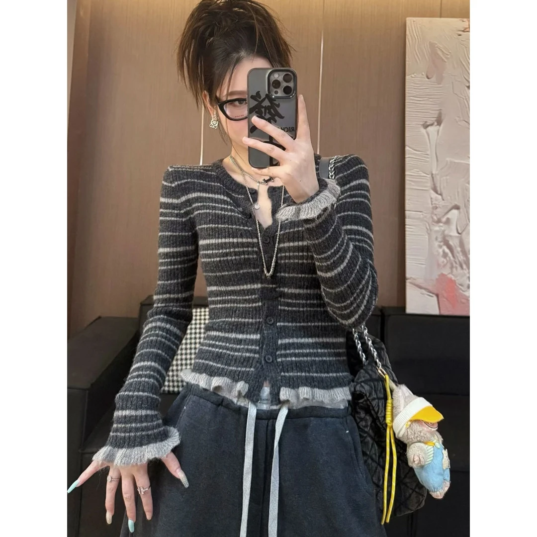 韩系氛围感穿搭撞色条纹打底毛针织开衫女修身显瘦内搭上衣H9-27