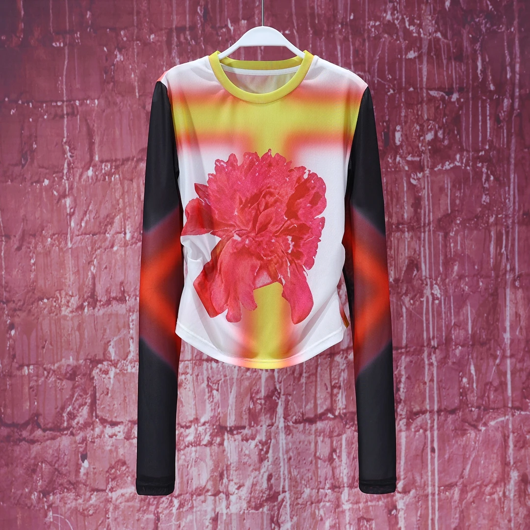 【LIANG哥女装】2025欧货季丹霞红水印修身长袖高弹显瘦上衣6133A