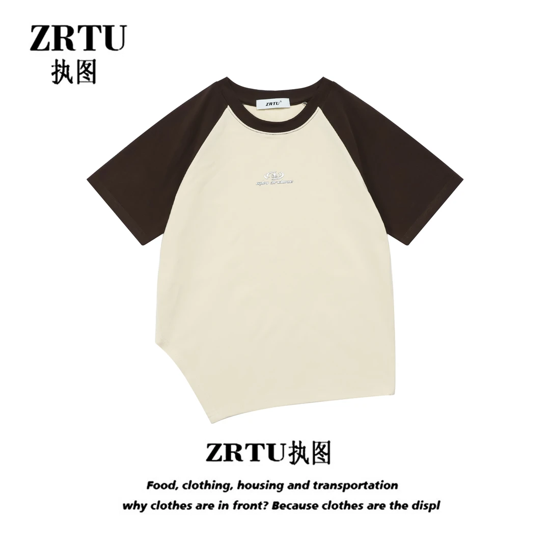 ZRTU/执图 （自播）新款插肩袖短袖撞色不规则T恤