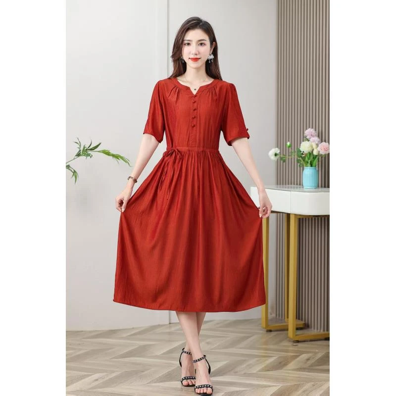 【时装高定款】烟绯红修身时尚休闲夏季高端大码妈妈装连衣裙