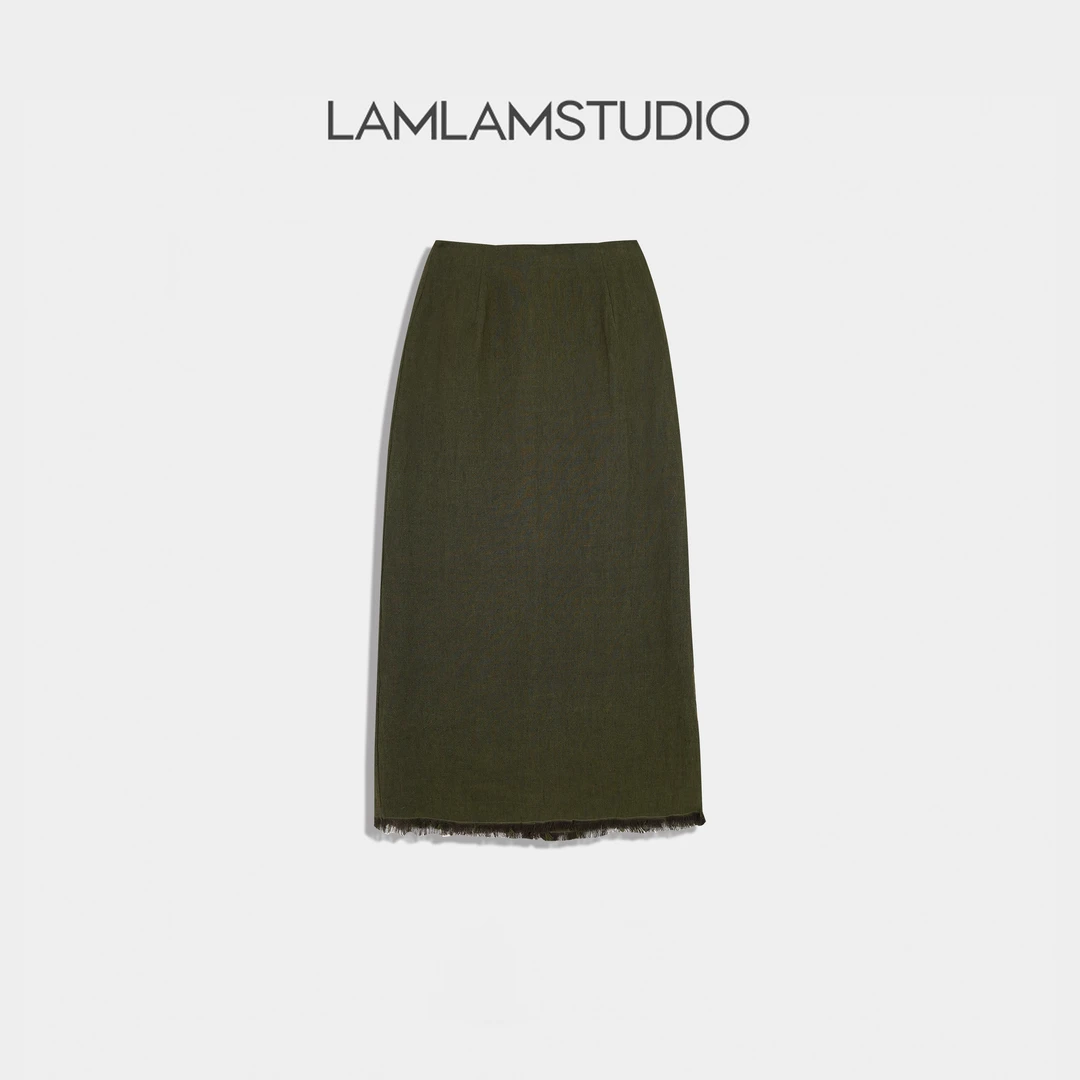 “一步裙”【100%亚麻】纯色流苏拼接花边简约半身裙 张一琳 G186Q