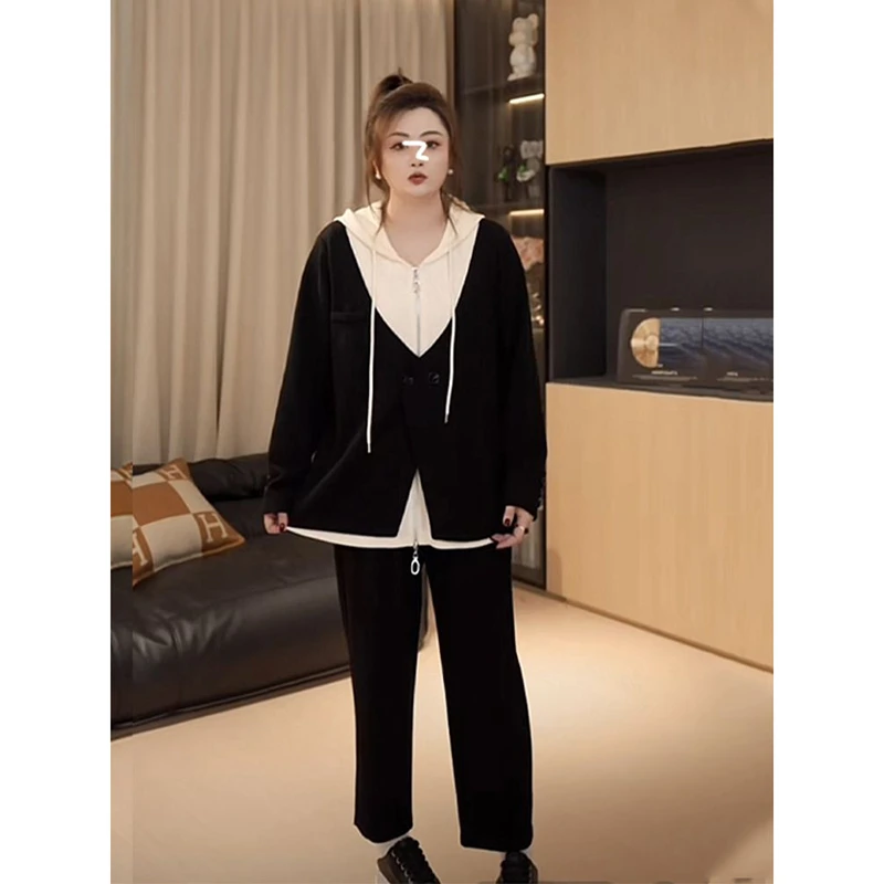 特大码300斤高腰显瘦休闲裤两件套女春秋胖mm假两件连帽上衣套装2