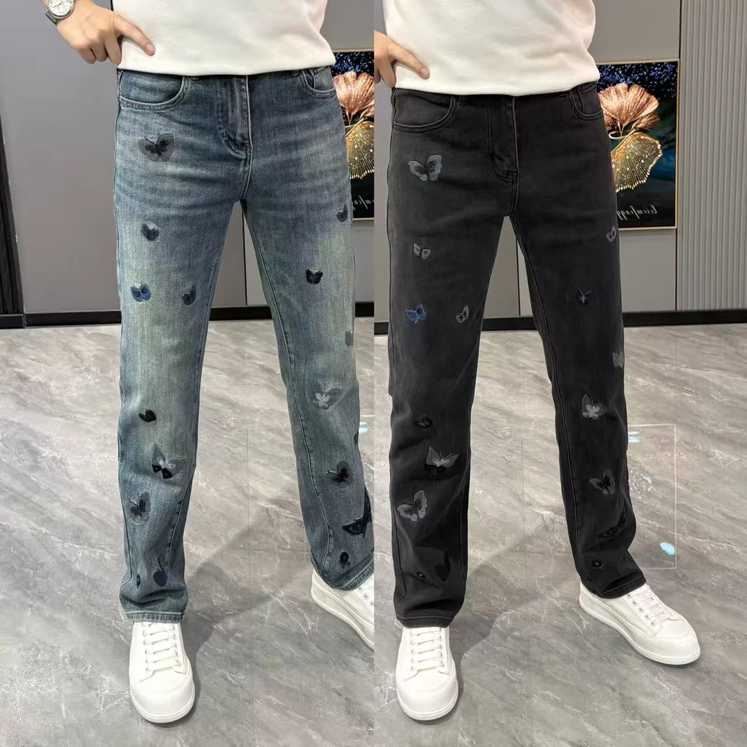 牛仔裤男士蝴蝶刺绣印花高端2025秋冬季百搭轻奢直筒牛仔裤男款