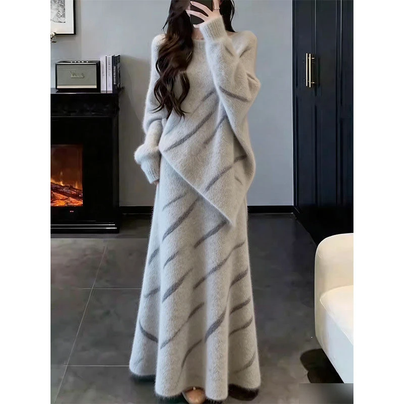 温柔慵懒风立体花朵毛衣半身裙两件套女秋冬显瘦套装女装大码休闲