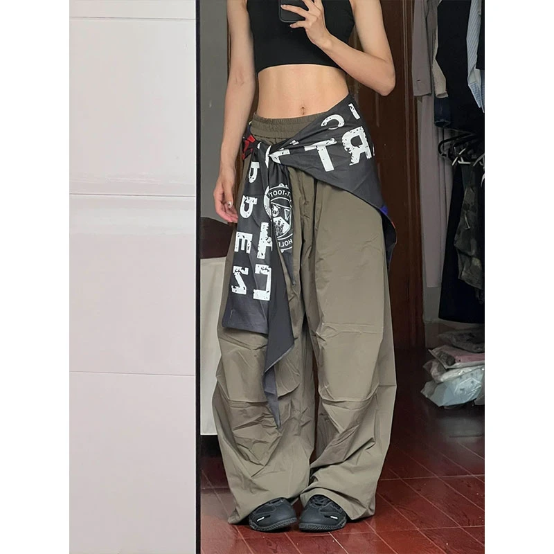 军绿色拼接屁帘工装伞兵裤女夏季kpop穿搭裤子嘻哈街舞阔腿弯刀裤