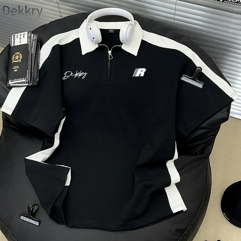 DEKKRY美式爆款POLO领印花纯棉短袖t恤男女夏重磅拼接半袖上衣潮