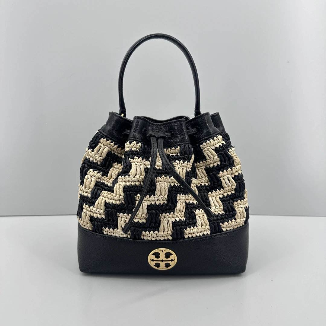95新 TORY BURCH/汤丽柏琦 黑白编织水桶包20x20x11cmM022806