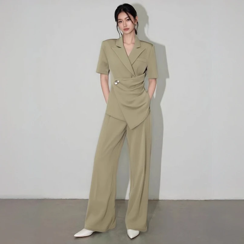 2025夏大码女装遮肚西装阔腿裤一整套装胖mm高级感休闲时尚两件套