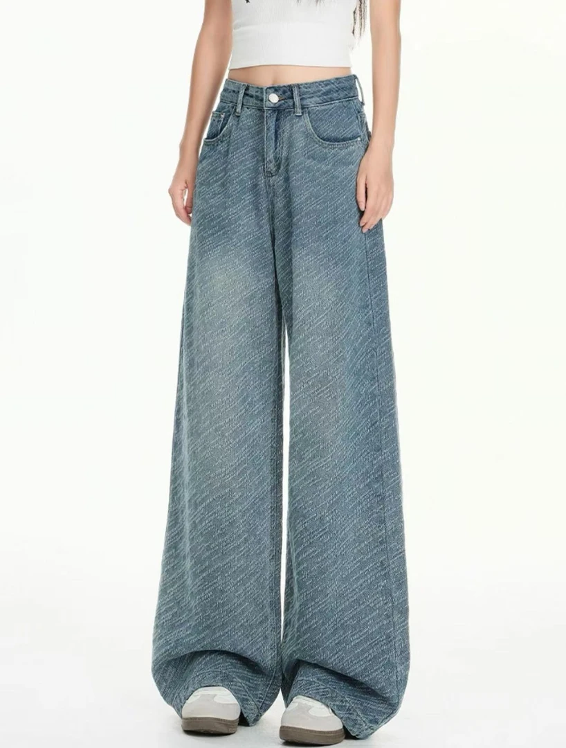 设计感星空纹阔腿牛仔裤女冬季冬天零下高腰垂感宽松拖地裤