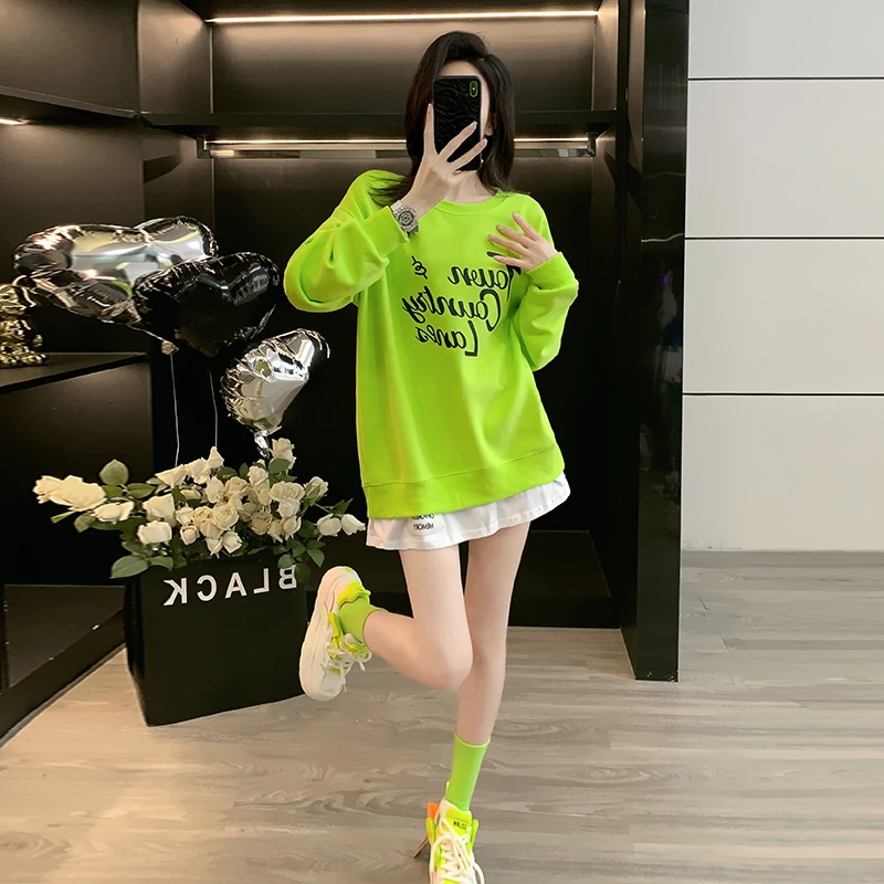 秋季圆领慵懒风设计感宽松型卫衣百搭假两件时尚休闲中长款上衣