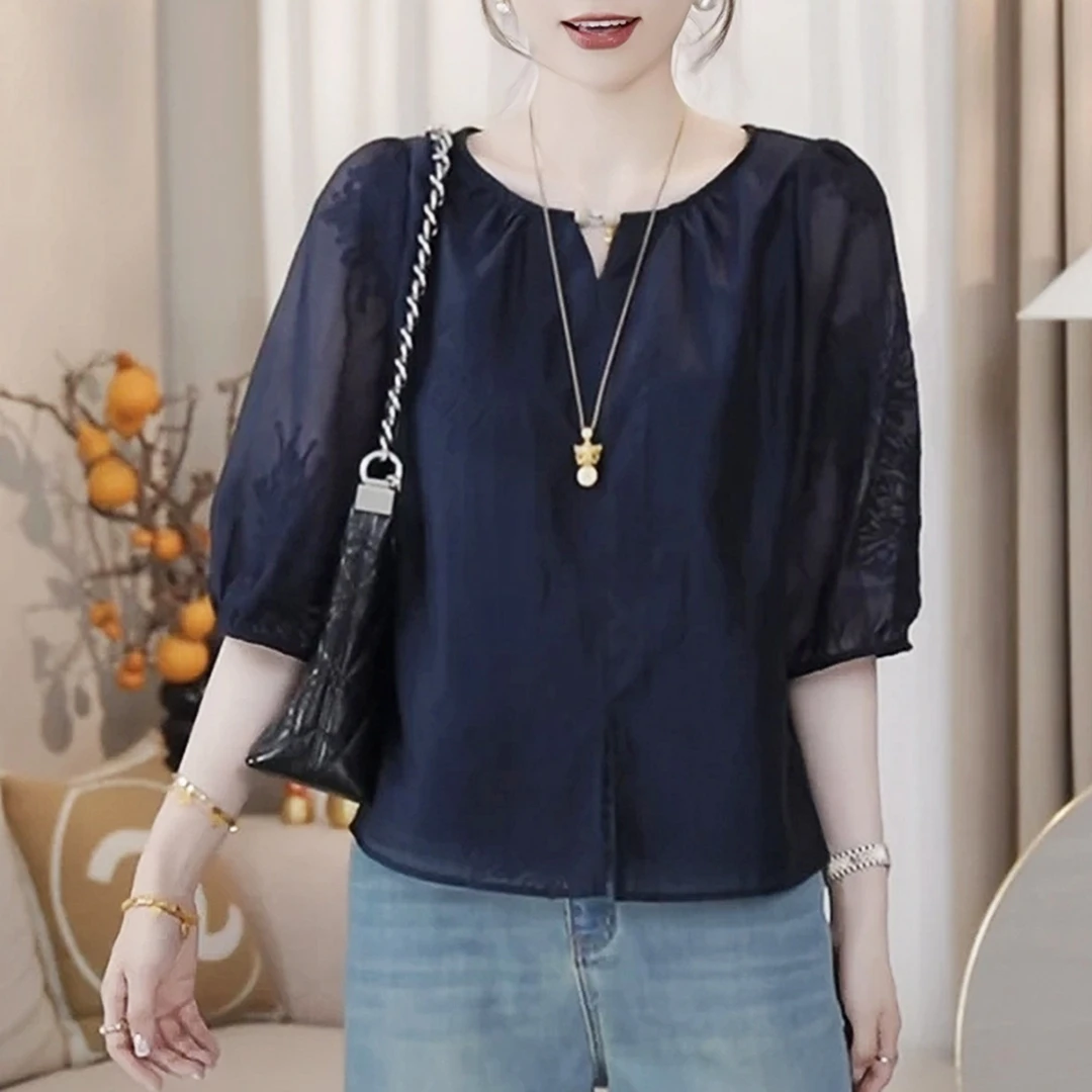 韩系减龄五分袖衬衫女2025夏季新款气质洋气时尚刺绣宽松显瘦上衣