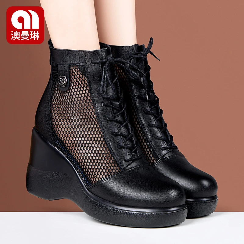 中老年时装网靴透气妈妈防滑2025春夏季新款网纱百搭鞋坡跟马丁靴