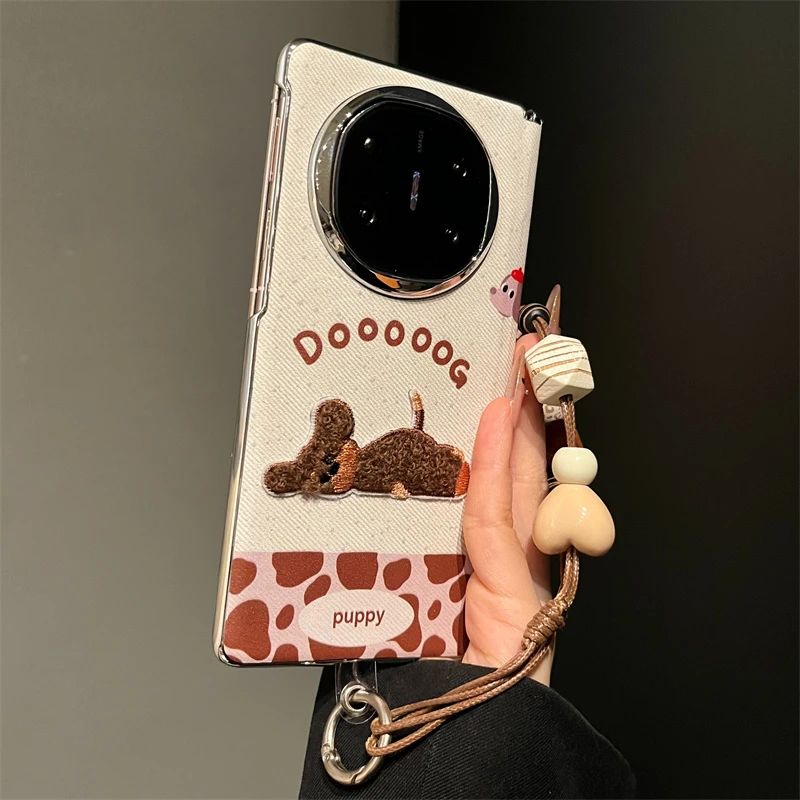 适用华为mateX6手机壳可爱豹纹拼接刺绣狗狗mateX7磁吸中轴X5女款