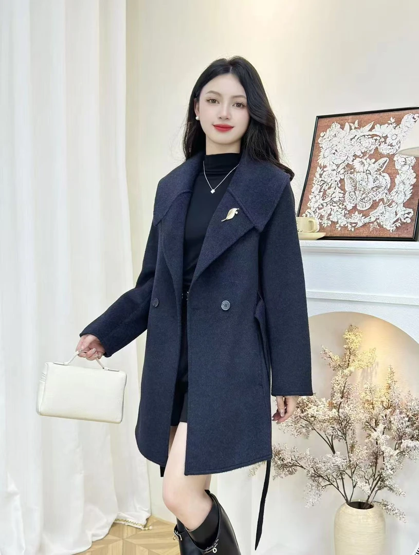 双面高级双面绒大衣2025秋冬新款气质系带海军小个加绒大衣女装