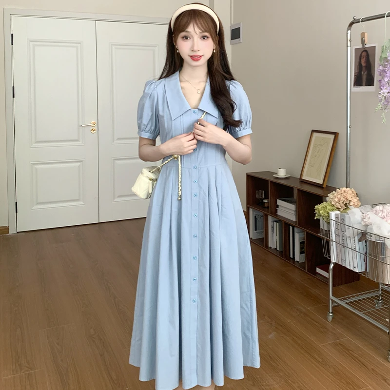 法式小众温柔风收腰连衣裙女2024夏季新款泡泡袖中长款A字裙