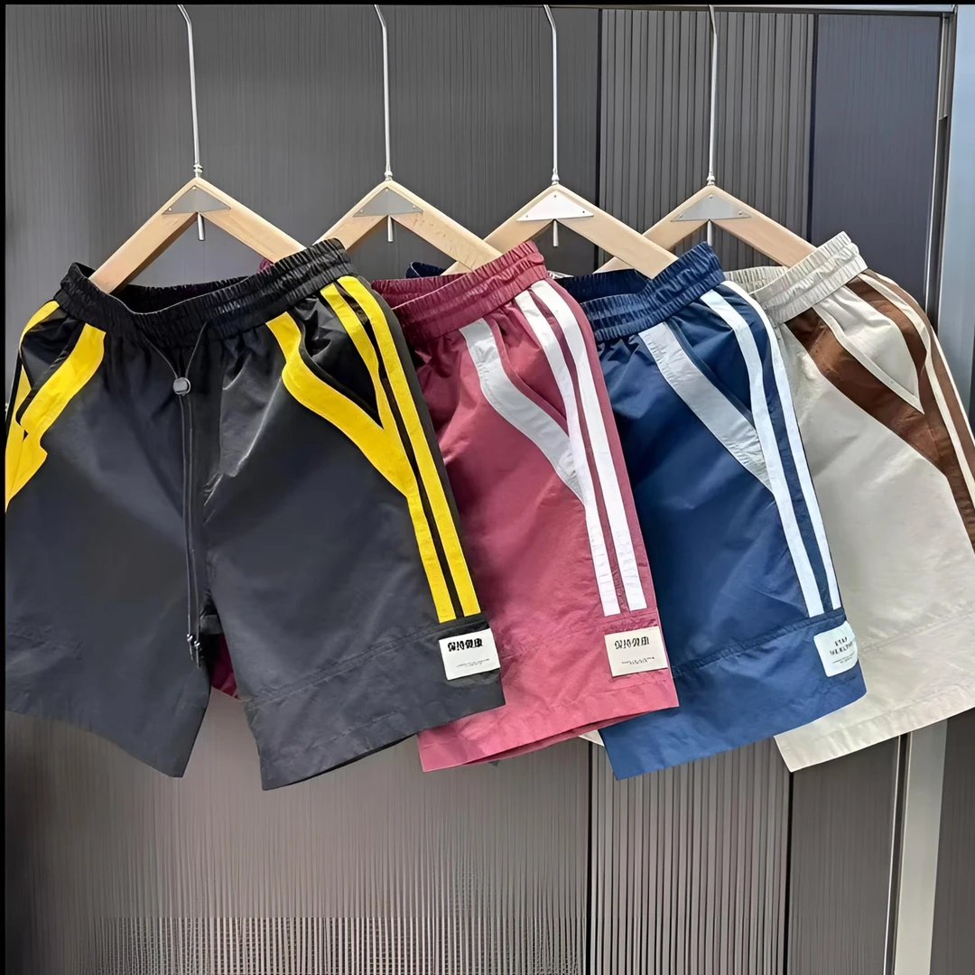 潮男新款2025年夏季新款拼接冰丝五分透气百搭直筒松紧腰休闲短裤