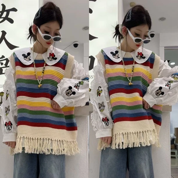 彩虹条流苏针织马甲（衣长70左右）