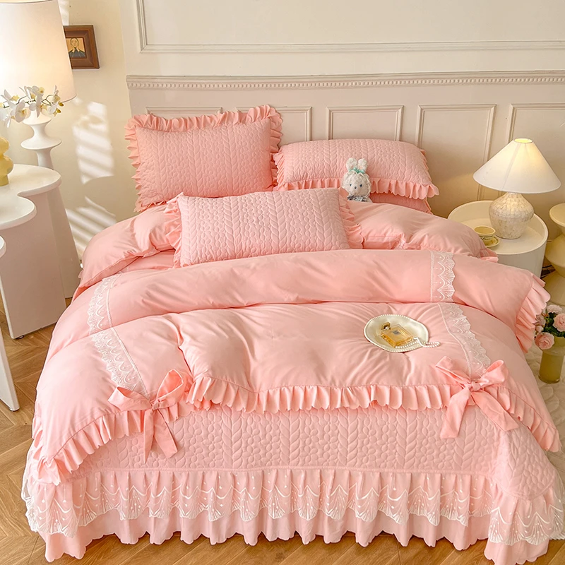 新款韩版纯色小清新蕾丝花边蝴蝶结被套床盖款四件套公主风