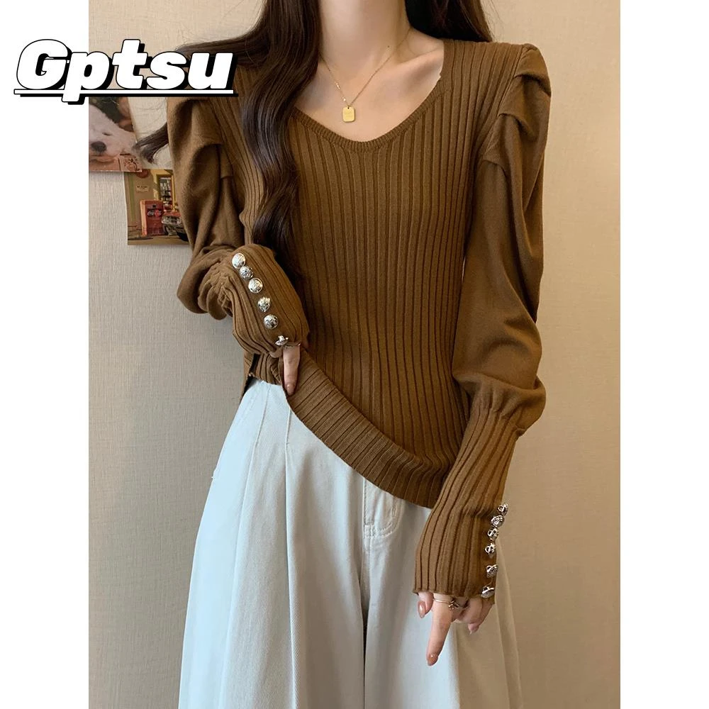 GPTSu秋冬新款欧式V领针织衫大码胖mm遮肉显瘦毛衣蓬松袖子上衣女