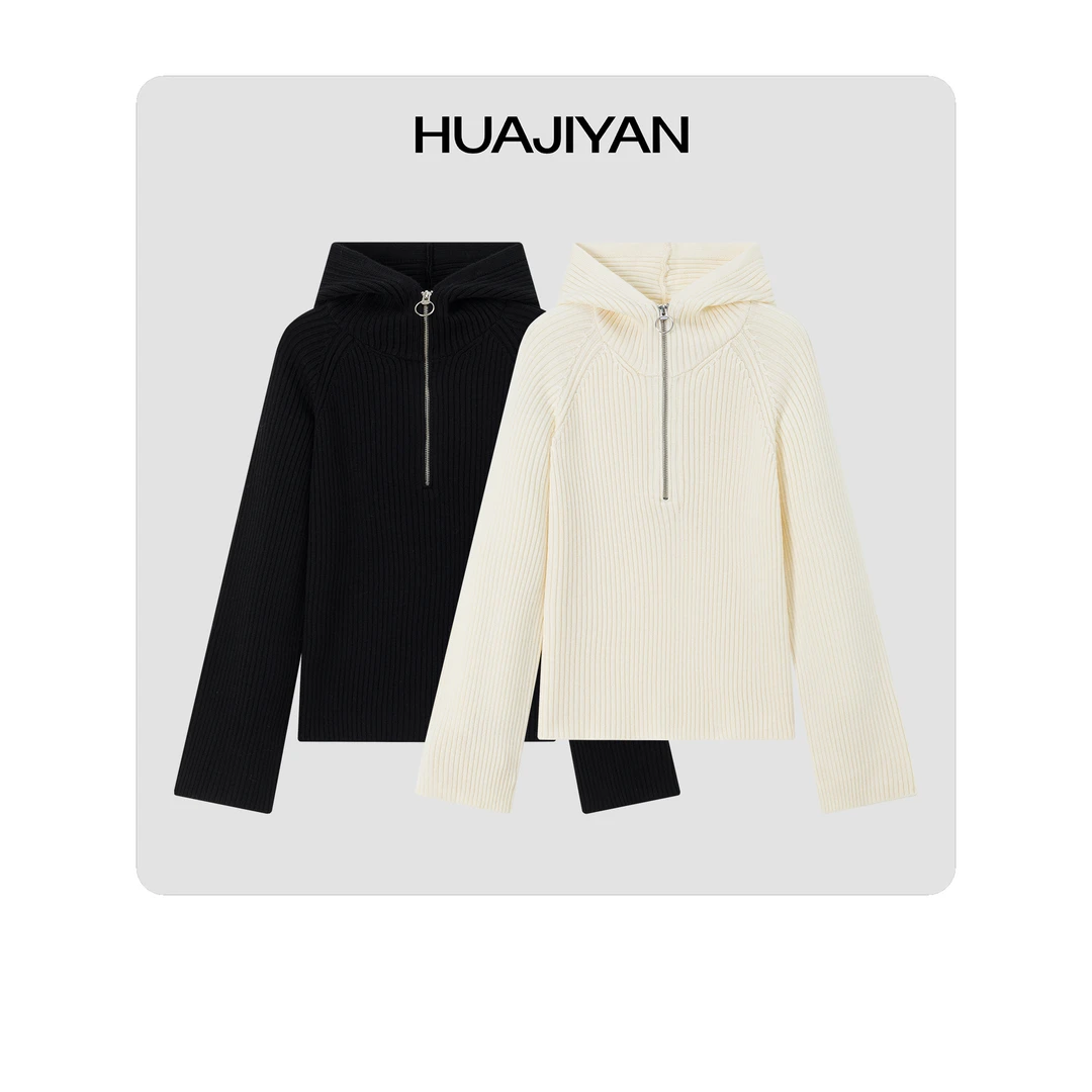 华吉言/HUAJIYAN【幻领】连帽半拉链丝光羊毛短款廓形针织衫