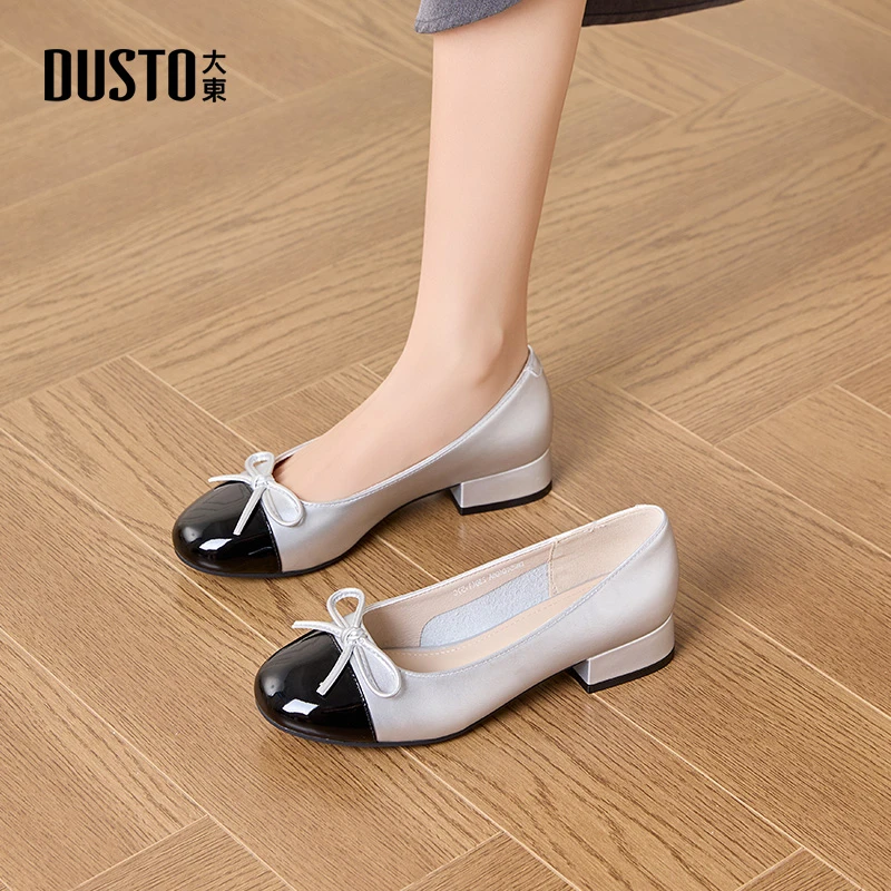 大东女鞋2025年秋冬新款低跟单鞋蝴蝶结拼色温柔风百搭小皮鞋0608