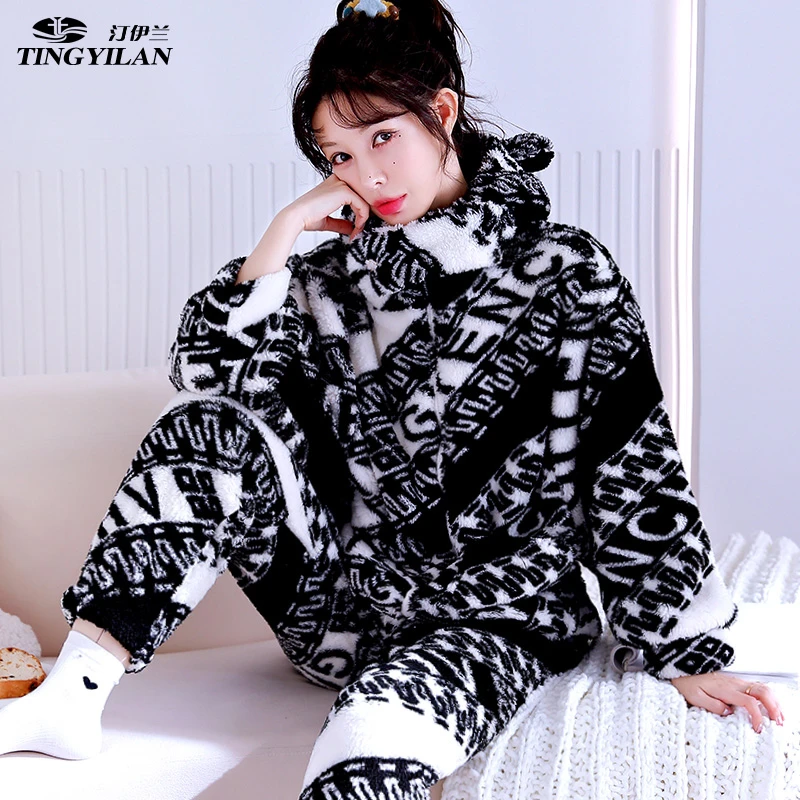 018斜格睡衣女新款冬季套装加厚加绒爆款可外穿家居服冬款