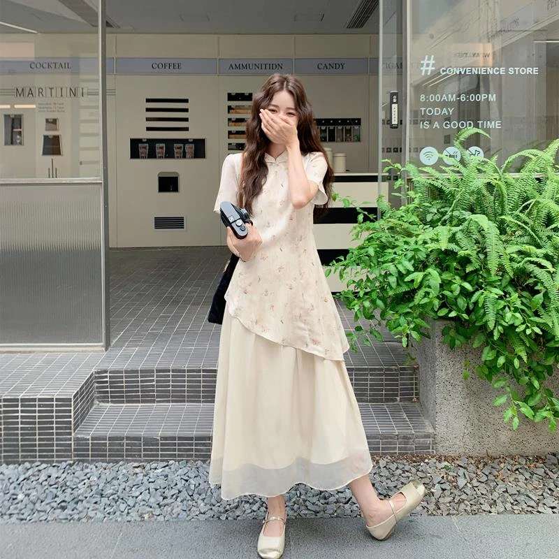 假两件汉服穿搭新中式国风连衣裙女夏古风轻奢气质改良旗袍白长裙