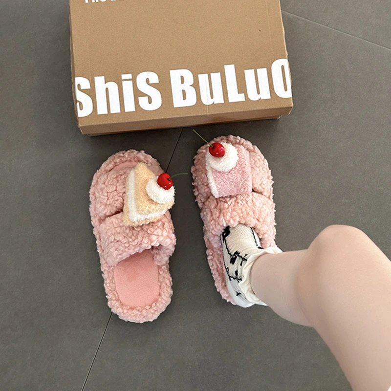 可爱卡通蛋糕奶呼呼毛毛鞋女2025秋冬新款外穿防滑保暖一字棉拖鞋