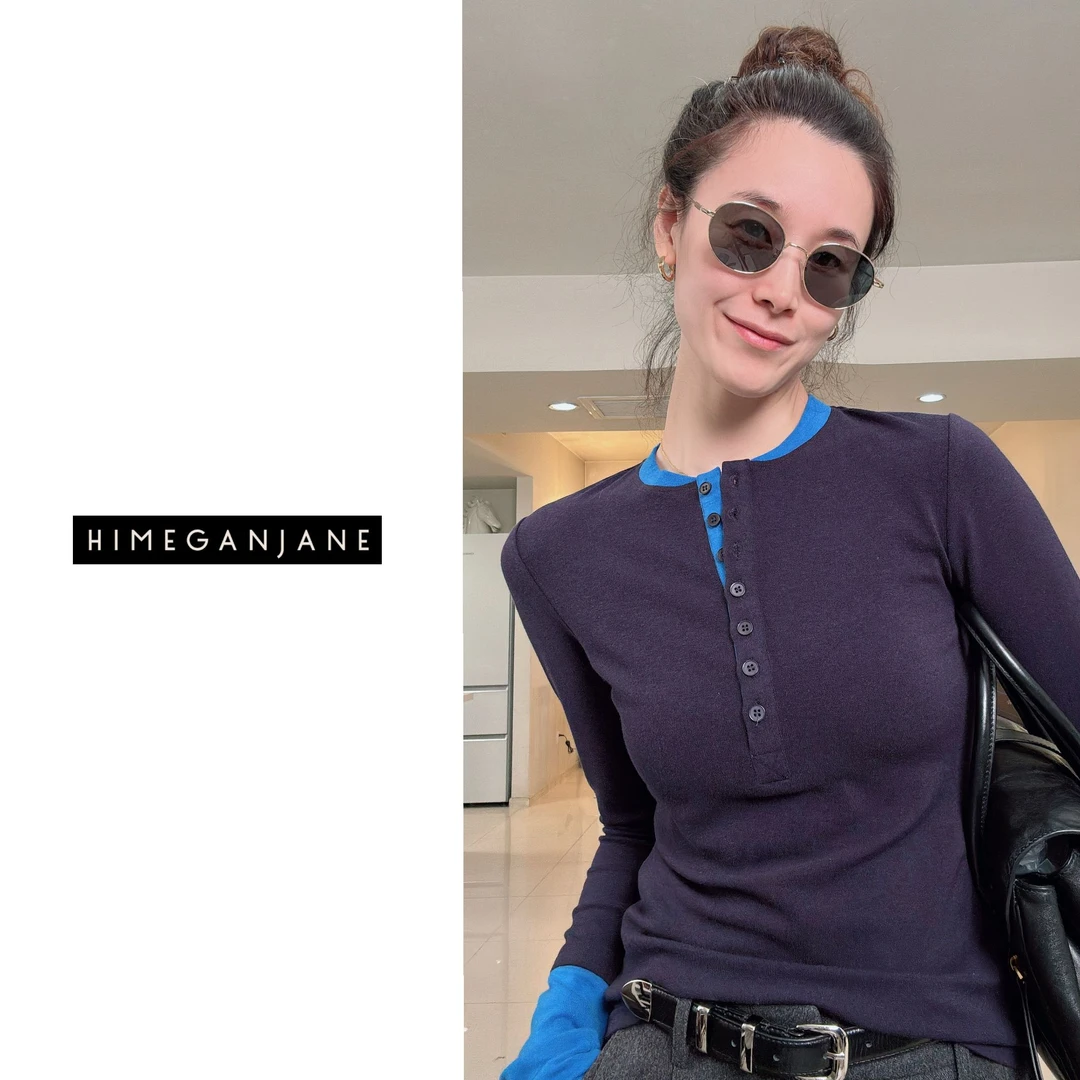 HIMEGANJANE “色块交响” 亨利领拼接假两件 显瘦设计感长袖251098