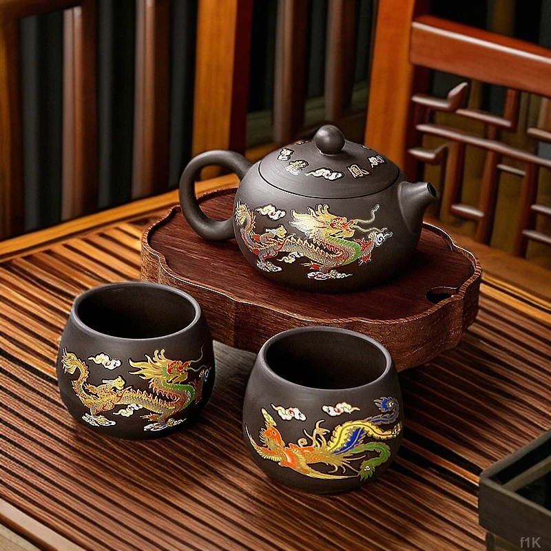 遇热变色龙凤西施壶凤鸣断水茶壶茶具高档紫砂壶出水流畅泡茶壶具