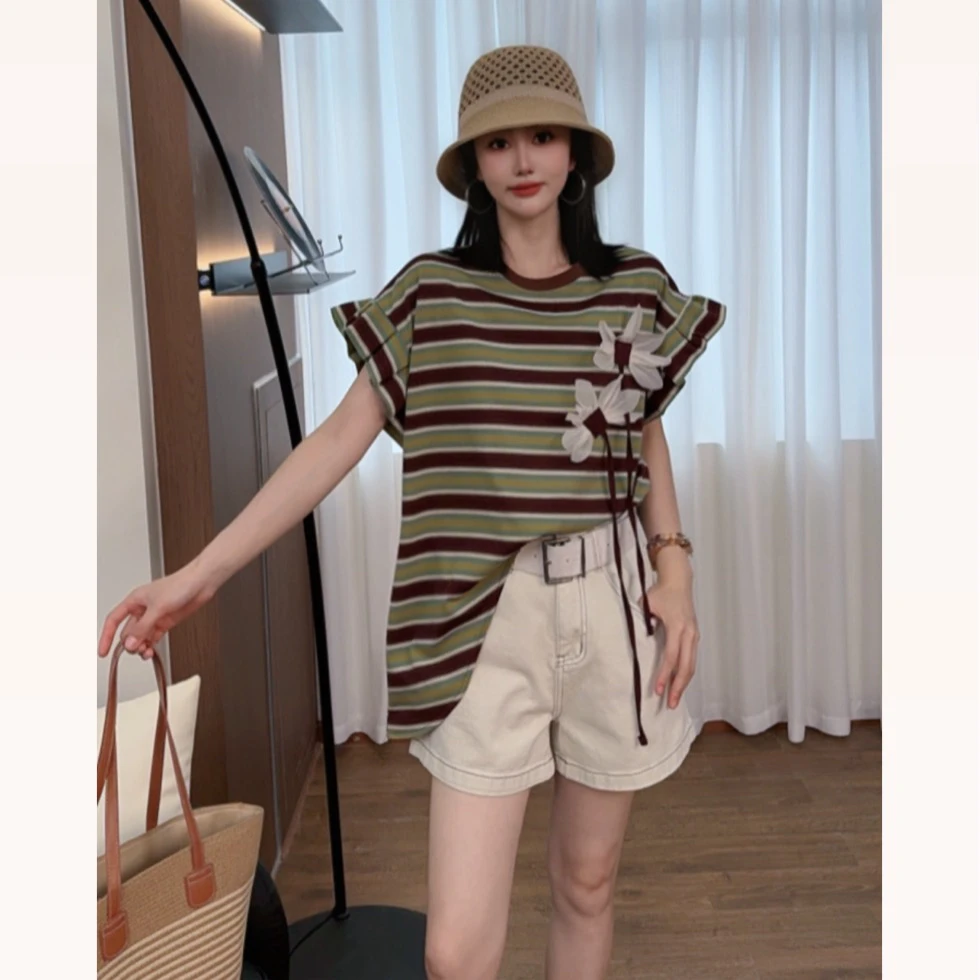 【超高货】撞色花瓣袖透气条纹拼接短袖T恤背心显瘦上衣