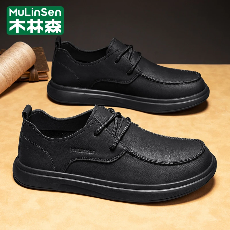 木林森百搭休闲皮鞋男士系带商务休闲男鞋透气防滑潮流男士皮鞋KD