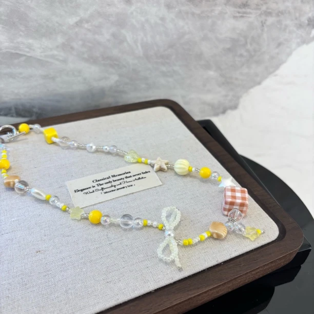 铜合金仿珍珠项链 蝴蝶结格子方形项链XL2462